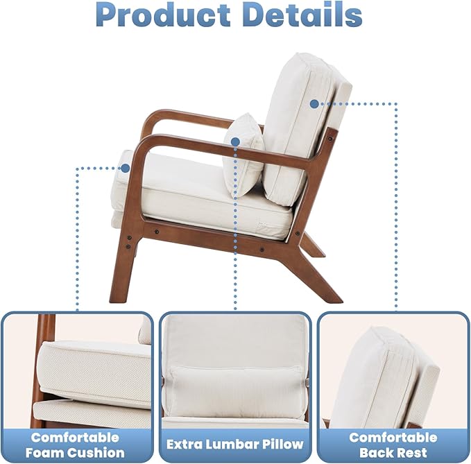 DUMOS Accent Chair,Mid Century Modern Chair with Arms and Waist Cushion, Reading Chairs for Adults, Lounge Chair for Living Room and Bedroom, Solid Wooden Frame,Off-White