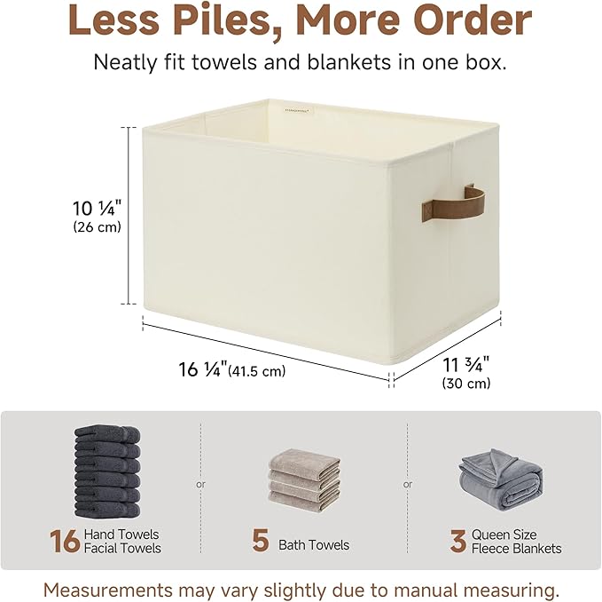 StorageWorks Storage Baskets for Shelves, Foldable Fabric Closet Storage Bins with PU Handles, Fabric Storage Bins Clothes Organizer, Ivory White, 3-Pack, Extra Large