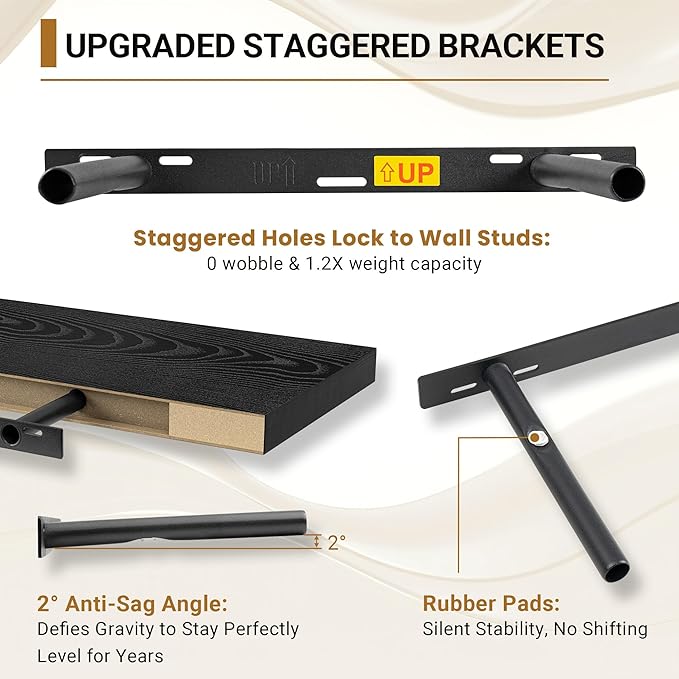 Vivelove Black Floating Shelves 15.7 Inches Wide, 12" Deep Wall Shelves for Bedroom, Bathroom, Living Room, Kitchen, Office, Rustic Home Decor Shelf with Invisible Brackets, 15.7X12X1.5, Set of 2