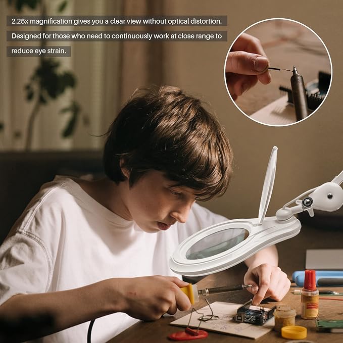 Bemelux LED Magnifying Lamp with Clamp, 5 Inch Magnifier Glass Lens, Metal Swing Arm Dimming 1200 Lumens Lighted Magnifying Desk Lamp for Crafts, Bright 60PCS LEDs - 2.25X Magnification(White)