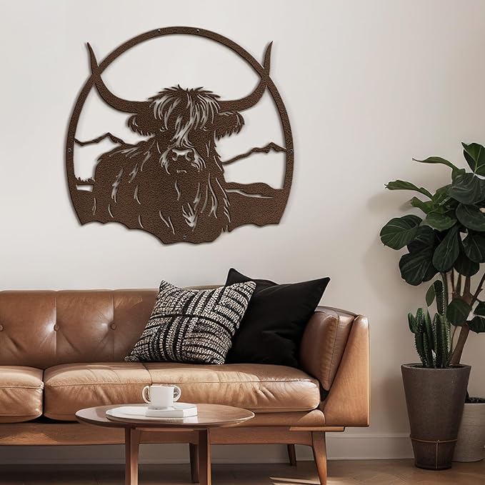 SIGNLEADER Metal Wall Art DecorHighland Cow with Mountain Minimalist Modern Abstract Wall Sculpture Hangings Home Decoration for Living Room, Bedroom, Bathroom, Kitchen, Outdoor - 18" Bronze