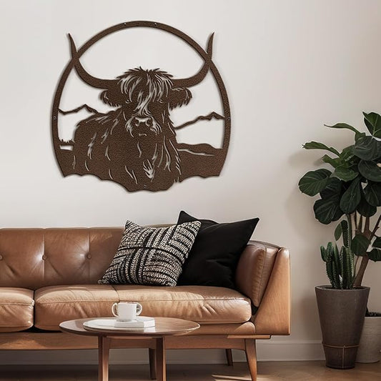 SIGNLEADER Metal Wall Art DecorHighland Cow with Mountain Minimalist Modern Abstract Wall Sculpture Hangings Home Decoration for Living Room, Bedroom, Bathroom, Kitchen, Outdoor - 18" Bronze
