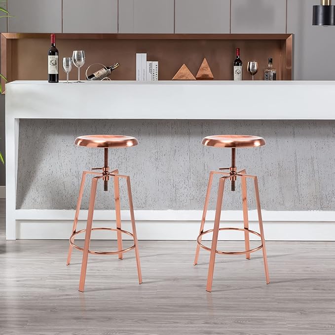 Brage Living Atlas Industrial Bar Stools Set of 2, Adjustable Swivel Four Legged Round Metal Barstools, Backless Counter Height Bar Chairs for Kitchen Dining (Rose Gold)