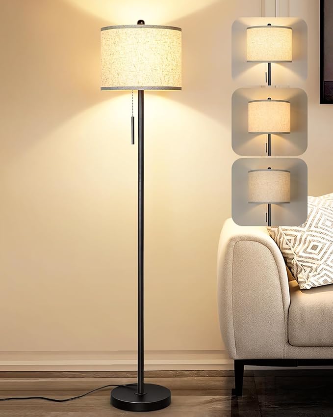 Qingmiao Floor Lamp for Living Room, 63in Black Standing Lamp, 3-Way Dimmable Floor Lamp for Bedroom, Tall Lamp with White Linen Shade for Office