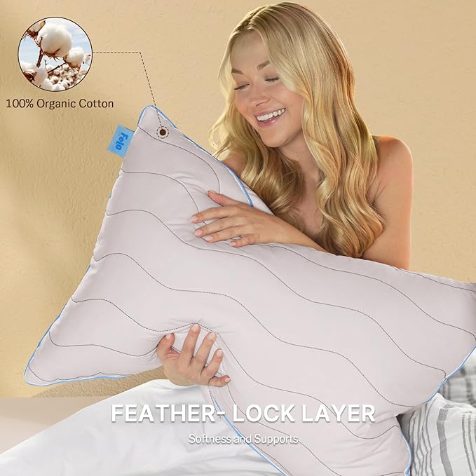 felo Feather Down Pillow Queen Size, CloudFusion Goose Down Pillow for Sleeping, Hotel Collection Bed Pillow for Side Back Pain Sleepers (20" x 30")