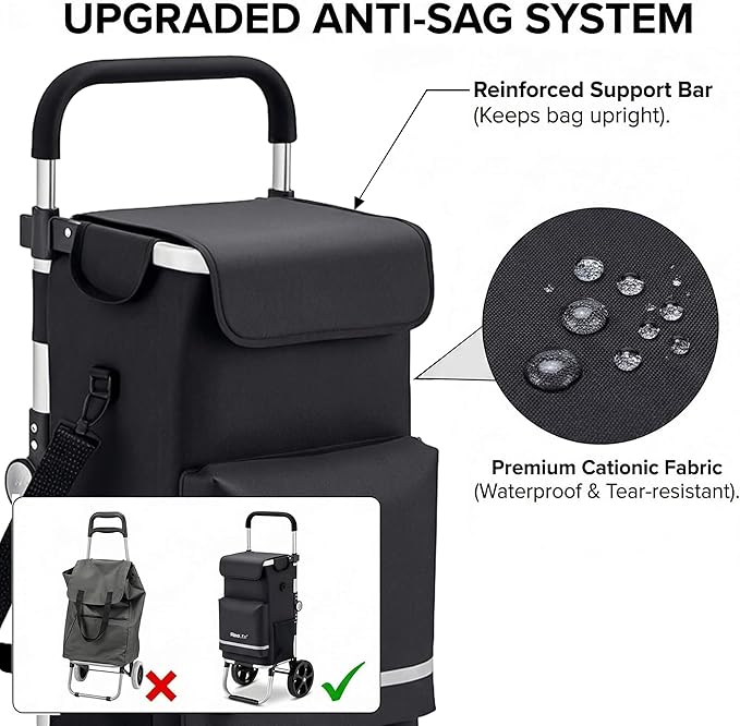 Lightweight Shopping Cart with Wheels, Foldable Grocery Trolley for Supermarket & Teachers, Rolling Utility Crate with Insulated Cooler, Adjustable Handle, 110 lbs