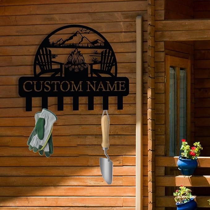 Personalized Campfire Design Metal Key Holder for Wall, Metal Wall Mount Custom Name Hooks, Cabin Key Hooks, Camp Area Key Hanger Decor, Key Rack for Farmhouse, Key Organizer for Living Room, Entryway