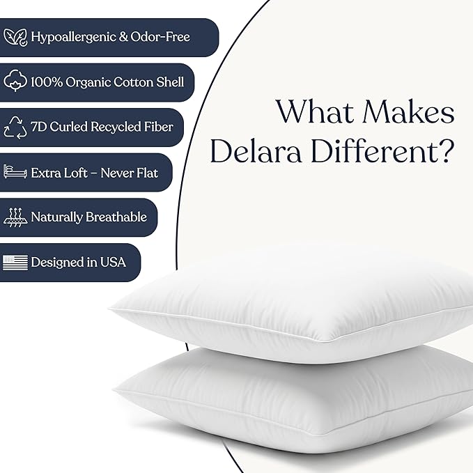 Delara Throw Pillow Inserts 24x24 Set of 2 - Organic Cotton Shell, 7D Recycled Down Alternative Fill, Decorative Lumbar Pillow Insert for Couch, Bed & Sofa - 1150 GSM, Fluffy & Supportive
