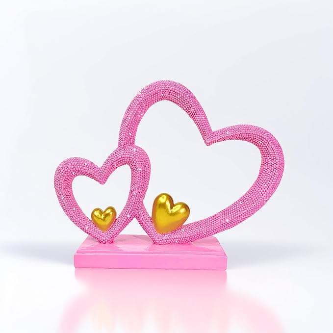 Double Heart Sculpture Valentine’s Day Statue, Faux Beaded Texture with Gold Accents, 7.9" Pink Romantic Decor for Shelf, Mantel, Bedroom, Wedding, for Her