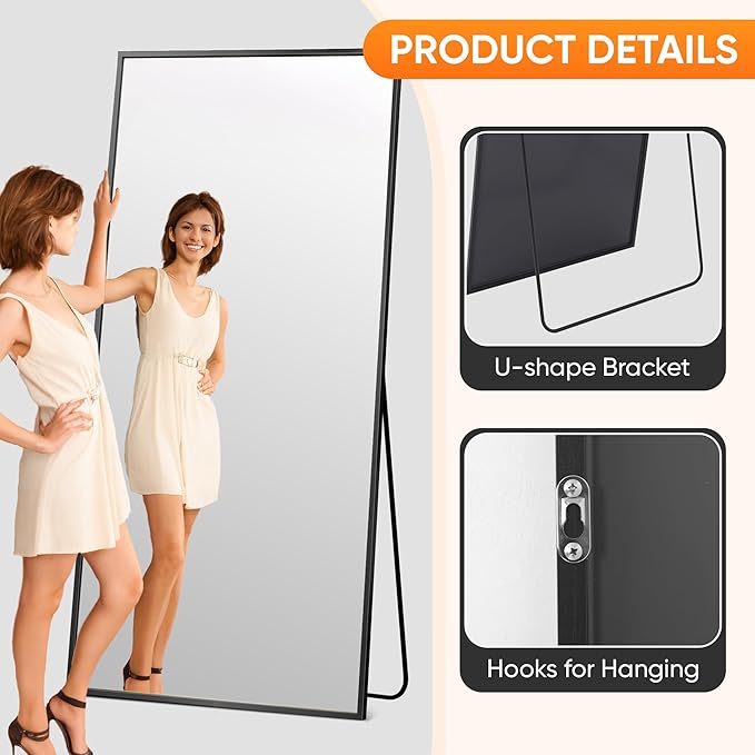 Suidia Full Length Mirror, 58"x18" Floor Standing Mirror Freestanding, Full Body Mirrors with Stand for Bedroom, Hanging Mounted for Living Room Cloakroom, Black, Rectangular Style