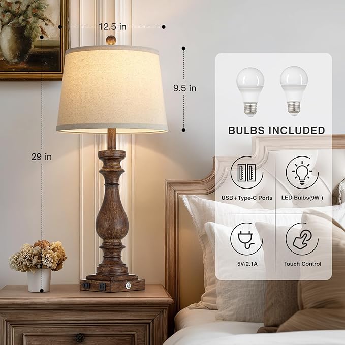 29" Farmhouse Brown Table Lamp for Living Room Set of 2,Vintage Bedside Nightstand Lamps with USB C+A Ports & AC Outlet,3-Way Dimmable Touch Retro Lamp for Bedroom,Brown