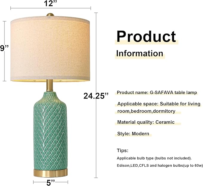 G-SAFAVA24.25 Modern Ceramic Green Table Lamps Set of 2 for Living Room, Farmhouse, Bedside, Bedroom, Side & End Tables Nightstand Light Home Office Desk Lamps Gifts