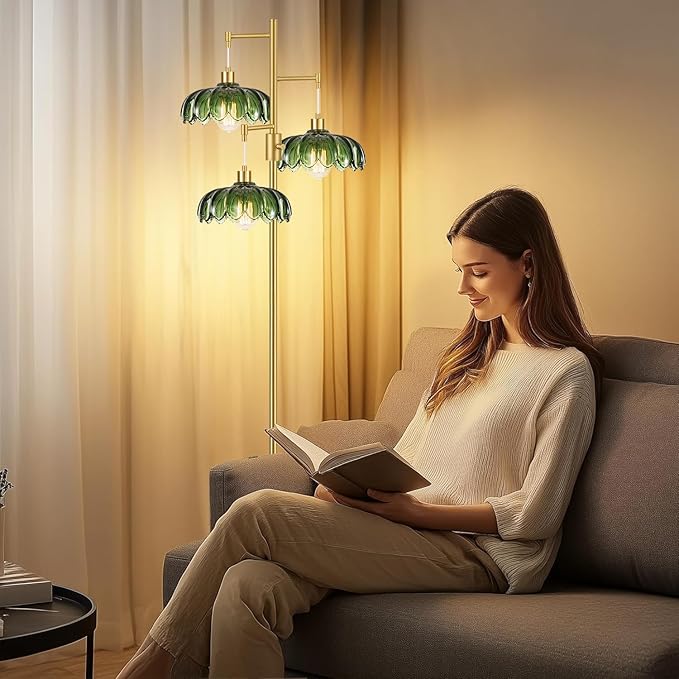 WLQCWL Vintage Floor Lamps for Living Room Bedroom-3 Light Dimmable Gold Floor Lamp with Glass Lampshape, Flower Tall Lamp Modern Mid Century Standing Lamp Green Tree Floor Lamp for Bedroom Corner