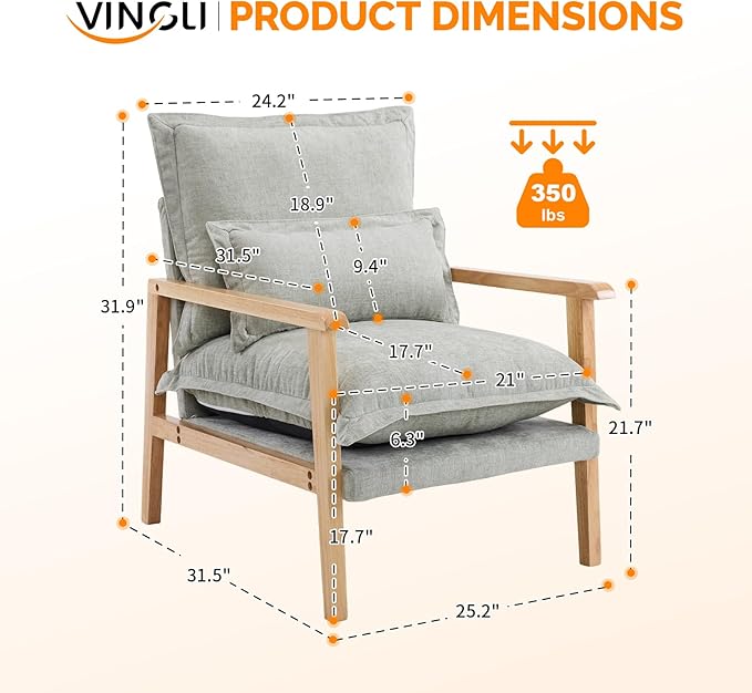 VINGLI Mid-Century Modern Cloud Accent Armchair with Lumbar Pillow, 6.3'' Thick Seat Cushion Comfy Reading Chair with Wooden Armrests，Boho Lounge Chair for Bedroom, Living Room, Chenille, Sage Green