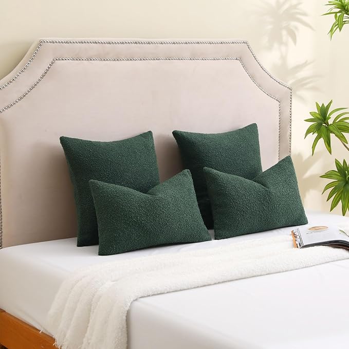 FUTEI Pack of 2 Dark Green Decorative Throw Pillow Covers 12x20 Inch Soft Cozy Solid Boucle Textured Lumbar Pillow Cases,Modern Home Decor for Couch Bed Living Room
