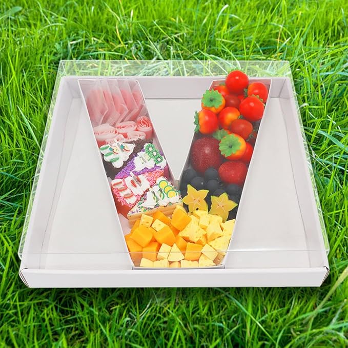 WENPACK 12.5" Cardboard Letter Shaped Mache Decorative Strawberries Fillable Sweets Candy Box with Clear Lid (White, V)