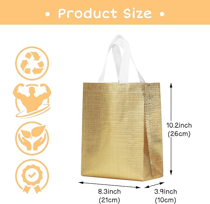 16 Pcs Metallic Bling Small Gift Bags Bulk with Cardboard Bases, Glossy Gold Reusable Party Bags for Birthday, Wedding, Christmas, Parties- 10.2x3.9x8.3 In