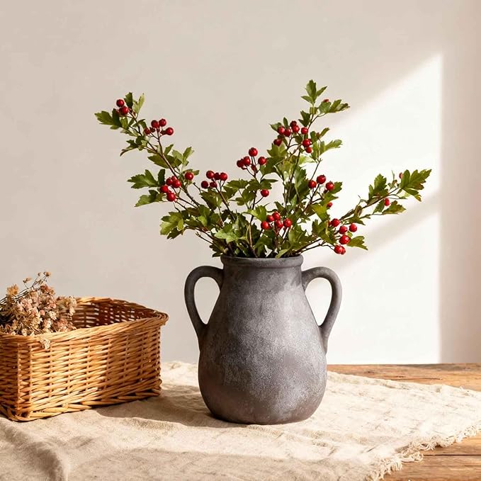 Ceramic Flower Vase with Handles, 7.5 inch Rustic Farmhouse Vase for Centerpieces, Small Decorative Terracotta Vases for Home Decor, Living Room, Table, Neutral