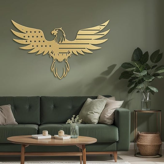 SIGNLEADER Metal Wall Art Decor Eagle Wearing American Flag Minimalist Modern Abstract Wall Sculpture Hangings Home Decoration for Living Room, Bedroom, Bathroom, Kitchen, Outdoor - 18" Gold