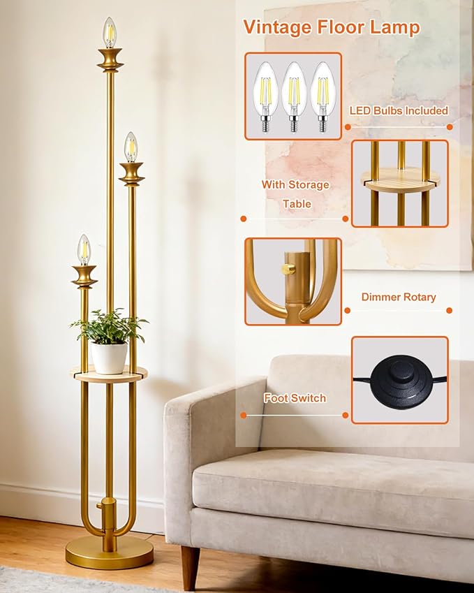 Lightdot Gold Dimmable Floor Lamp with Table, Modern Floor Lamps for Living Room, 3000K Warm Lights Tall Standing Lamp with Candle Bulb for Bedroom/Home Office