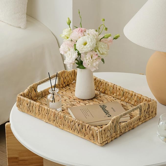 Rectangle Wicker Scalloped Serving Tray with Handles - Seagrass Handwoven Trays,Water Hyacinth Tray for Home Decor and Living Room, Dining Table, Bathroom Organizing, 17.3" L x 13.4" W x 3.6" H