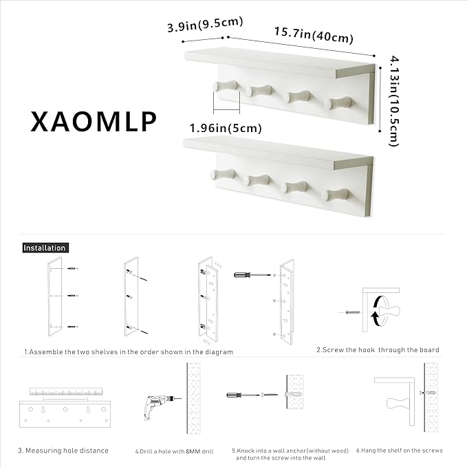 Entrance Coat Rack ，Coat Hooks, Wall-Mounted Wooden Hook Rack, Wall-Mounted Shelves are Very Suitable (White Color Finish—A-2)