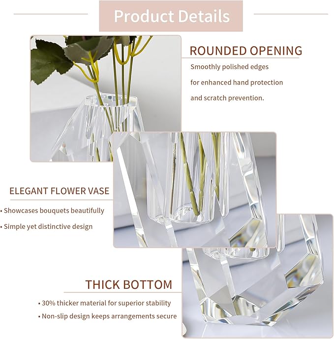 Crystal Flower Vase, Premium Modern Clear Vase, Anniversary Centerpiece, Crafted for Table, Home Decoration, Wedding, Christmas or Luxury Gifts