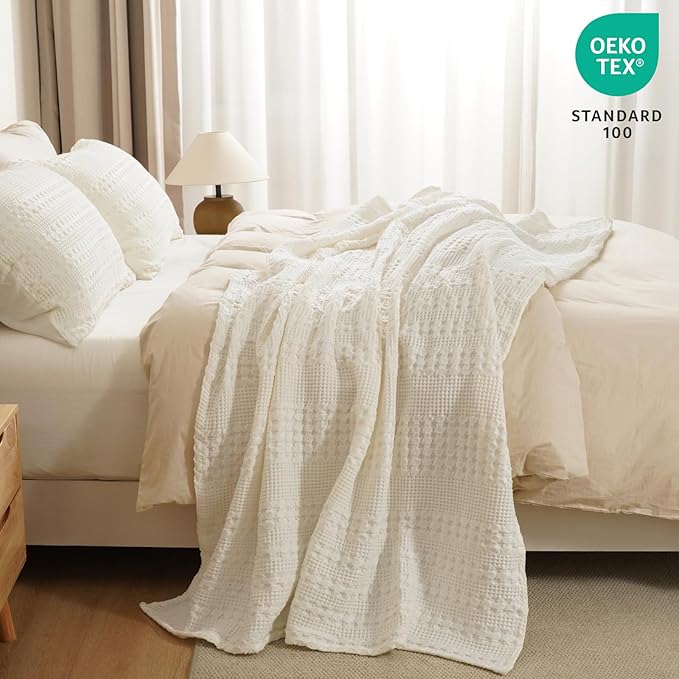PHF 100% Cotton Waffle Weave Throw Blanket, Soft Lightweight Breathable Cozy Throws for Couch Bed Sofa, 300 GSM Luxury Aesthetic Blanket Gift for Home Decor & Office, 50"x60", Ivory