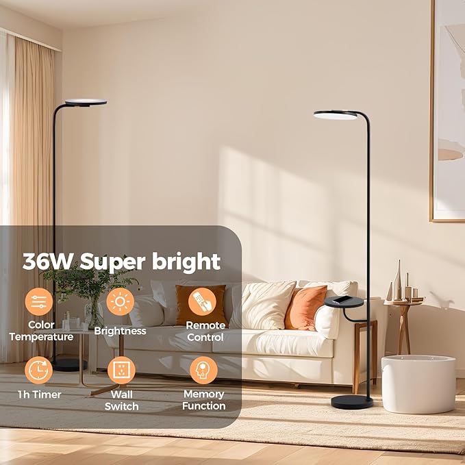 Floor Lamp with Table & Shelves,LED Stepless Dimmable Torchiere with Remote & Touch Control, 350° Rotating Head Reading Floor Lamp for Living Room, Bedroom, Office