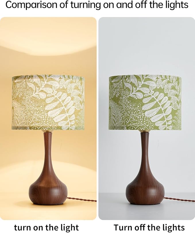 Vintage Boho Green Flower Fabric Red Wood Pattern Bedside Nightstand Table Lamp Set of 2 for Bedroom, Mid Century Modern Farmhouse Decorative Table Lamp Desk Lamp for Living Room Hallway Home Office