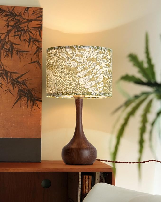 Vintage Boho Green Flower Fabric Red Wood Pattern Bedside Nightstand Table Lamp Set of 2 for Bedroom, Mid Century Modern Farmhouse Decorative Table Lamp Desk Lamp for Living Room Hallway Home Office