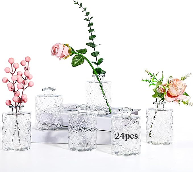 Honeydak Set of 24 Plastic Mini Bud Vases, Vintage Clear Decorative Vases Bulk for Table Centerpieces, Wedding Reception, Baby Shower, Home Decor, Housewarming Gift(Geo-Diamond)