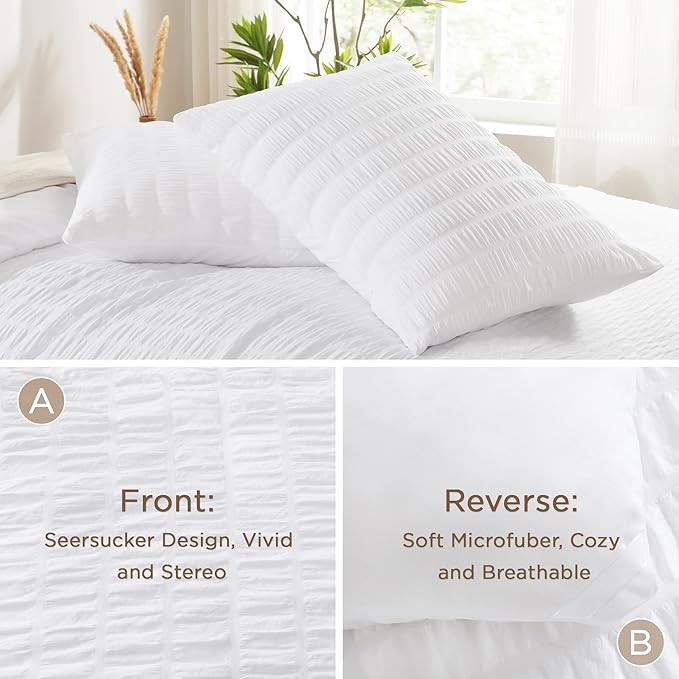AveLom Seersucker White Comforter Set Full, 3 Pieces- 100% Soft Washed Microfiber Lightweight Comforter with 2 Pillowcases, All Season Down Alternative Bedding Set (80x90 inches)