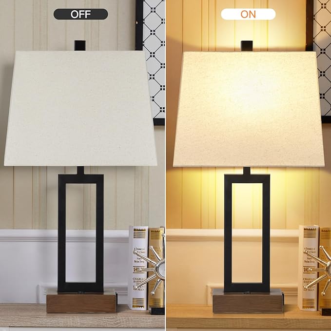 Table Lamp for Bedroom Set of 2 with 2 USB Ports and AC Power Outlet, 23.5" Modern Bedside Lamp, Wood Nightstand Lamp with Linen Shade for Living Room Hotel Desk(LED Bulb Included)