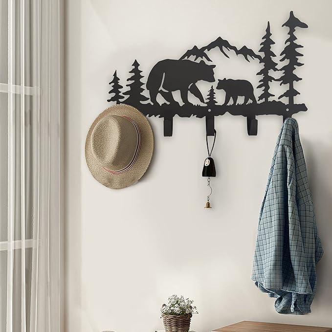 Metal Bear Coat Hooks Wall Art Decor-Bear Hangers and Key Holder-Animal Theme Hooks Sweet Home Decor for Storage, Living Room, Hallway, Office (Black)