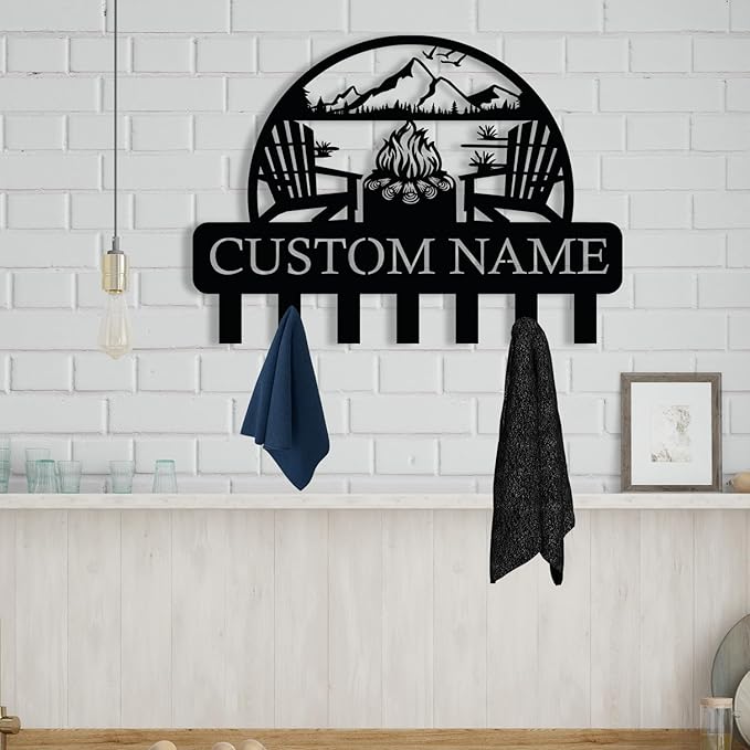 Personalized Campfire Design Metal Key Holder for Wall, Metal Wall Mount Custom Name Hooks, Cabin Key Hooks, Camp Area Key Hanger Decor, Key Rack for Farmhouse, Key Organizer for Living Room, Entryway