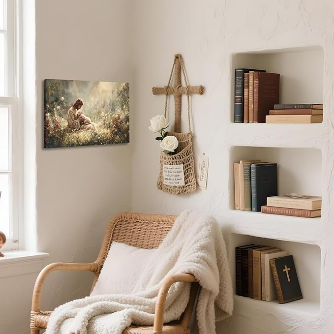 Jesus and Lamb Canvas Wall Art Jesus Holding The Lost Lamb Wall Decor Good Shepherd Poster God Leaves the 99 Sheep Pictures Christian Religious Painting for Living Room Church Prayer Room 16x12in