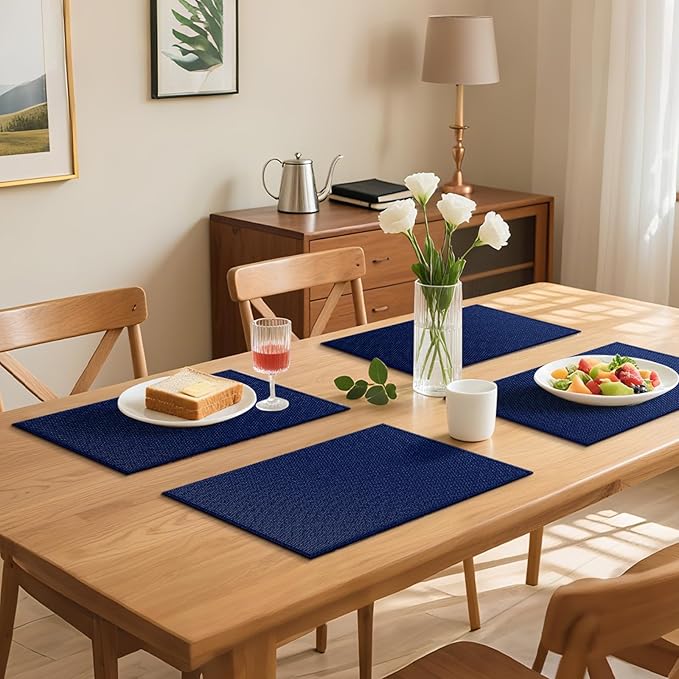 Blue Forest Placemats Set of 6, Dual-Layered Thickened Faux Linen Table Mats Heat Resistant Machine Washable Wrinkle Free Place Mats for Kitchen Dining Outdoor/Indoor (NavyBlue)