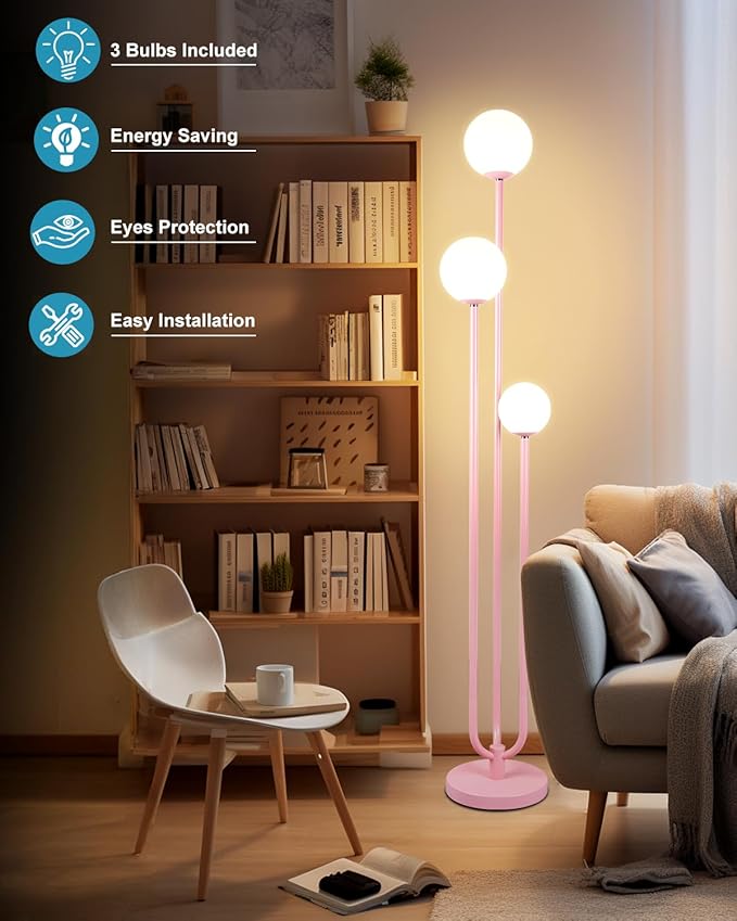 ACOHOOK 63IN 3-Light Dimmable Floor Lamp, Unique Candle Holder Style Pink Tall Standing Lamps with 3000K G9 Bulbs for Reading, Mid Century Modern Floor Lamp for Living Room Bedroom Office