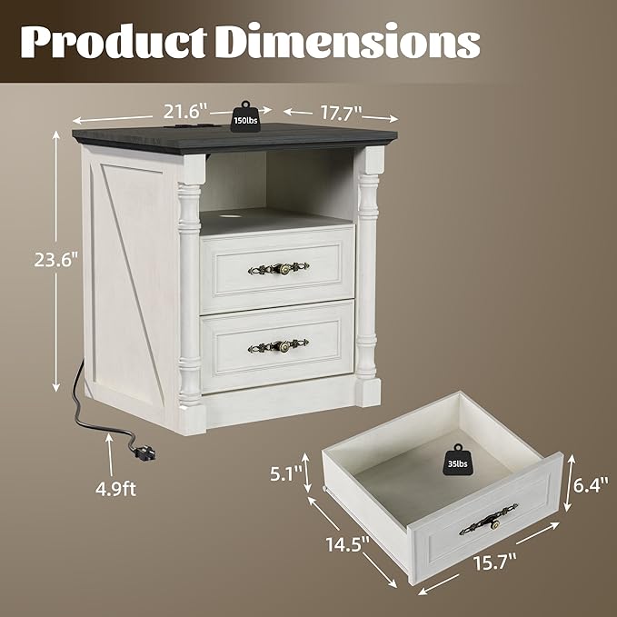 Farmhouse Nightstand with Charging Station and 2 Storage Drawers, 22" Wide Wood Vintage Night Stand with Charger and Roman Column, Rustic End Table, Bedside Table for Bedroom, Antique White