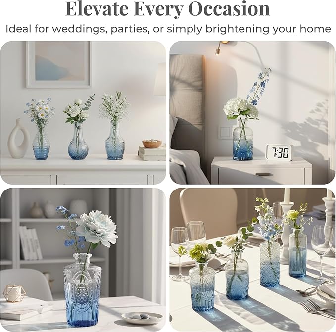 24 Pack Bud Vase in Bulk - BEAHOT Blue Flower Vases for Wedding Decorations, Glass Vase for Table Decorations, Small Vase for Home, Mother's Day, Centerpieces, Party, Office (Blue Gradient)