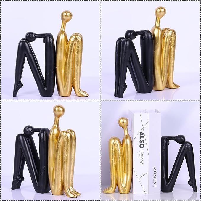 Thinker Statue Decorative Bookends,1 Pair/2 PCS Book Ends for Shelves Unique Modern Book Stopper for Heavy Books, Abstract Aesthetic Decor, Modern Home Bookshelf Decoration (Black Gold)