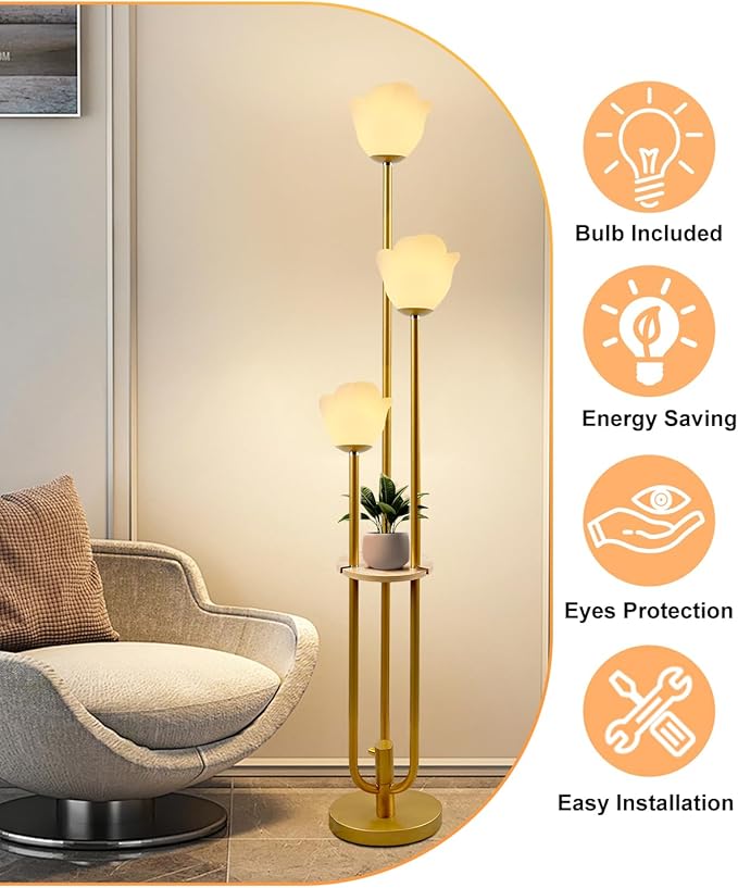 ACOHOOK 63IN Floral Floor Lamp with Table, 3-Lights Dimmable Flower Floor Lamps for Wedding Party, 3000K Warm White Modern Tall Standing Lamp for Living Room/Bedroom