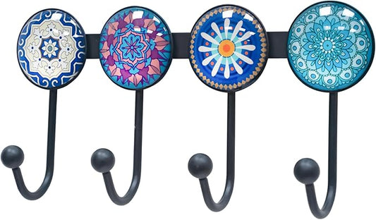 Coat Rack Wall Mounted with 4 Hooks, Round Blue Pattern Decorative Wall Hooks for Hanging Hat, Key, Towel, Purse, Bag and Robe, for Entryway Bathroom Organizer Hanger