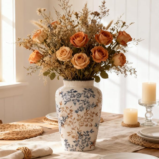 Blue and White Vase, Ceramic Chinoiserie Vase for Home Decor, Vintage Blue Floral Porcelain Vases, Farmhouse Pottery Flower Vase for Living Room Kitchen Table Shelf Mantel, Blue and White Decor Accent