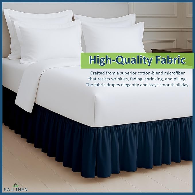 Rajlinen Ruffled Bed Skirt California King, 12 Inch Drop Dust Ruffle with Split Corners, 100% Microfiber Bedskirt with Platform, Three-Sided Coverage Ruffled Gathering Design, Navy Blue