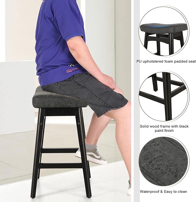 Sophia & William Black Bar Stool for Kitchen Island,24" Counter Height Bar Stools with Wooden Legs, Abrasive Leather Saddle Seat Bar Stool,1PC