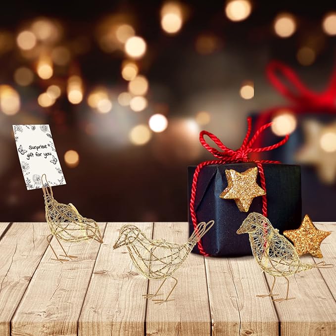 Artisan Bird Statues Trio - Christmas Ornament - Table Decor Handmade Gold-Wire Woven - Modern Farmhouse Shelf Decor with Hanging Chain, Multi-Pose Metal Bird Figurines for Home Office