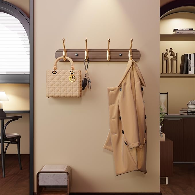 Coat Rack Wall Mount, Bamboo Coat Hanger with 4 Metal Pink Gold Hooks for Hanging Clothes, Towels, Keys, Hats, Bags(Brown)