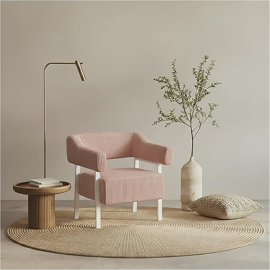 Wismestr Corduroy Upholstered Accent Chair - Cozy Modern Decorative Armchair, Comfortable Cute Corner Side Chairs for Living Room, Bedroom, Reading Nook, Small Spaces (Pink, White Leg)